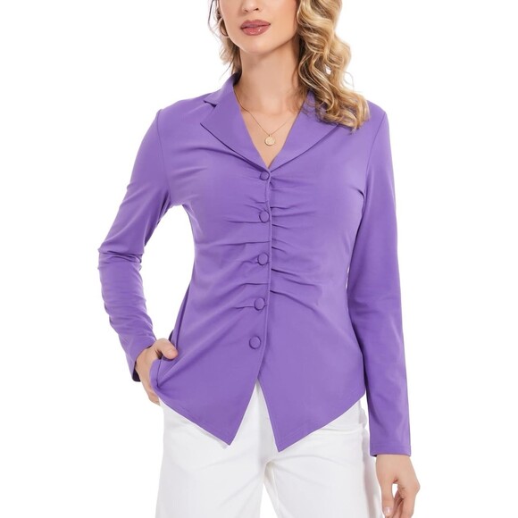 Purple Long Sleeve Button-Up Blouse with Pleated Front Design - Picture 4 of 10